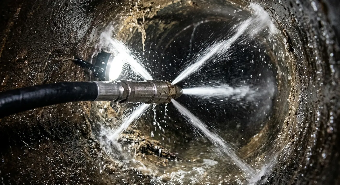 High-pressure hydro jetting nozzle cleaning sewer pipe for Sewer Cleanout in Ramapo