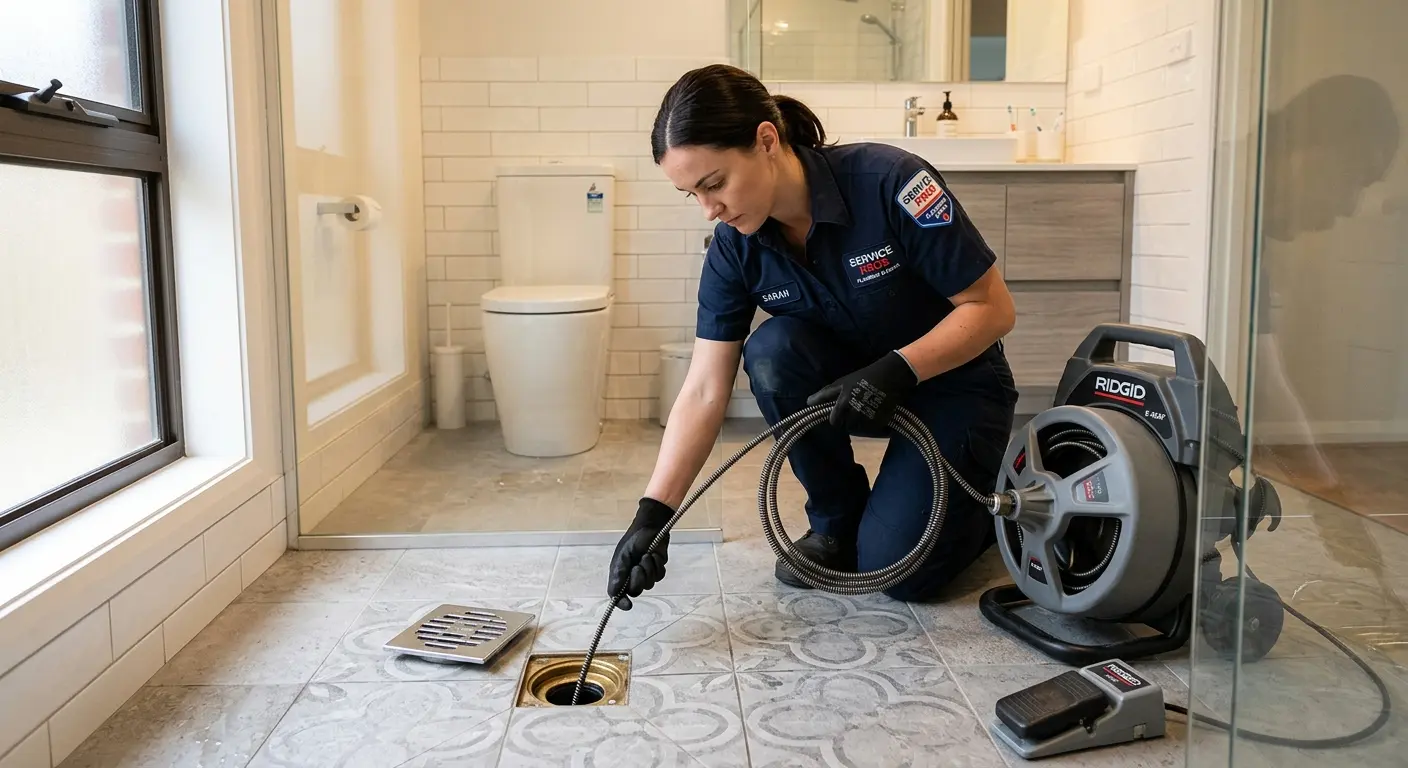 Technician clearing a bathroom floor drain for Drain Repair in Ramapo